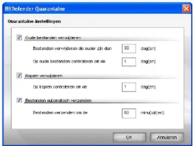 BitDefender Quarantaine Ouarantaine-instellingen ✓ Oude bestanden verwijderen Bestanden verwijderen die ouder zijn dan 30 dag(en) Op oude bestanden controleren om de 1 dag(en) ✓ Kopien verwijderen Op kopien controleren om de 1 dag(en) ✓ Bestanden automatisch verzenden Bestanden verzenden om de 60 mi…