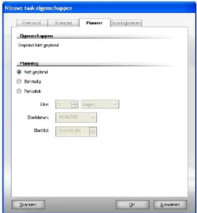 Nieuwe taak eigenschappen Overrecht Scansd Planner Scanlognozen Eigenschappen Oepland Net gepland Planning ● Net gepland ○ Benmalg ○ Periodok Elke: 1 dagen Startdatum: 9/24/2007 Startlot: 3-4255 PM Scanen OK Annulsen