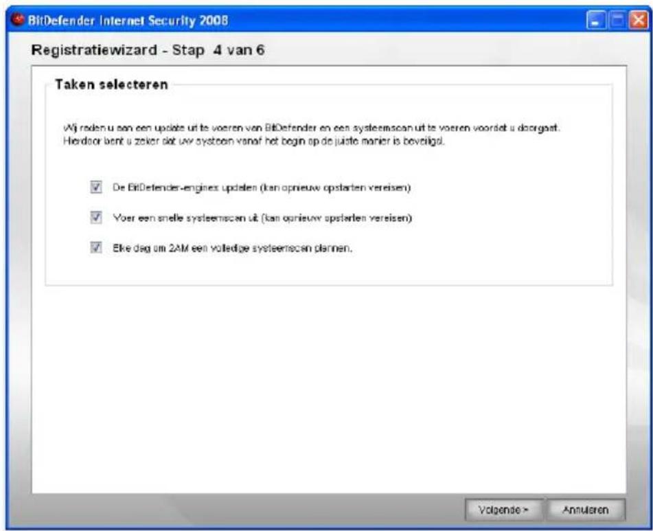 BitDefender Internet Security 2008 Registratiewizard - Stap 4 van 6 Taken selecteren Wij reden u een een updete uit te voeren van BitDefender en een systeemscan uit te voeren voordet u doorgast. Herdoor bent u zeker dat uw systeen vanaf het begin op de juiste manier is beveligd. ✓ De BitDefender-eng…