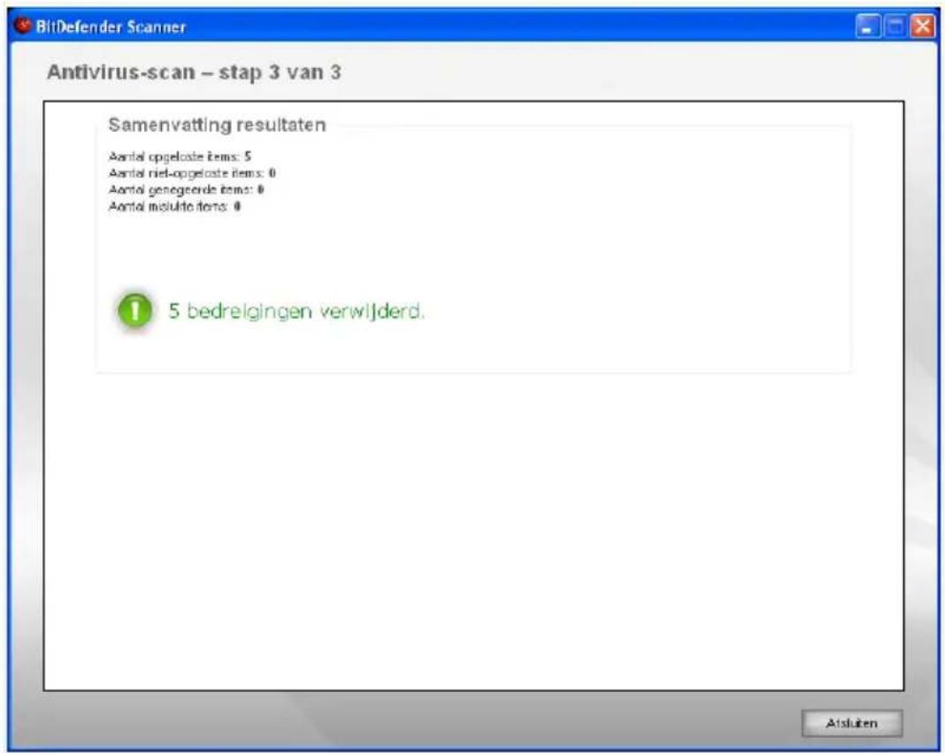 Antivirus-scan - stap 3 van 3 Samenvatting resultaten Aantal opgeloste items: 5 Aantal riet-opgeloste items: 0 Aantal genegende items: 0 Aantal insulto items: 0 5 bedreigingen verwijderd. Aisluten