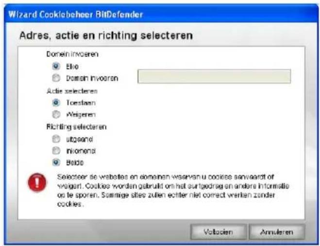 Wizard Cookiebeheer BitDefender Adres, actie en richting selecteren Domain invoeren Elie Domain invoeren Actie selecteren Toestaan Weigeren Richting selecteren utgeand Inlomena Belda Selecteer de websites en domainen wservan u cookiee senvaardt of weigart. Cookie worden gebruikt om het surfgedrag en…