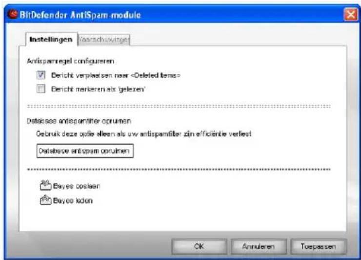 BitDefender AntiSpam-module Instellingen Voarschuviginget Antispamregel configureren ✓ Bericht verplaaten naar □ Bericht markeren als 'gelezen' Databasee antispamfilter oprumen Gebruik deze optie alleen als uw antispamfilter zijn efficiënbe verliest Databasee antispam orupinen Bayes opslaan Bayes ka…