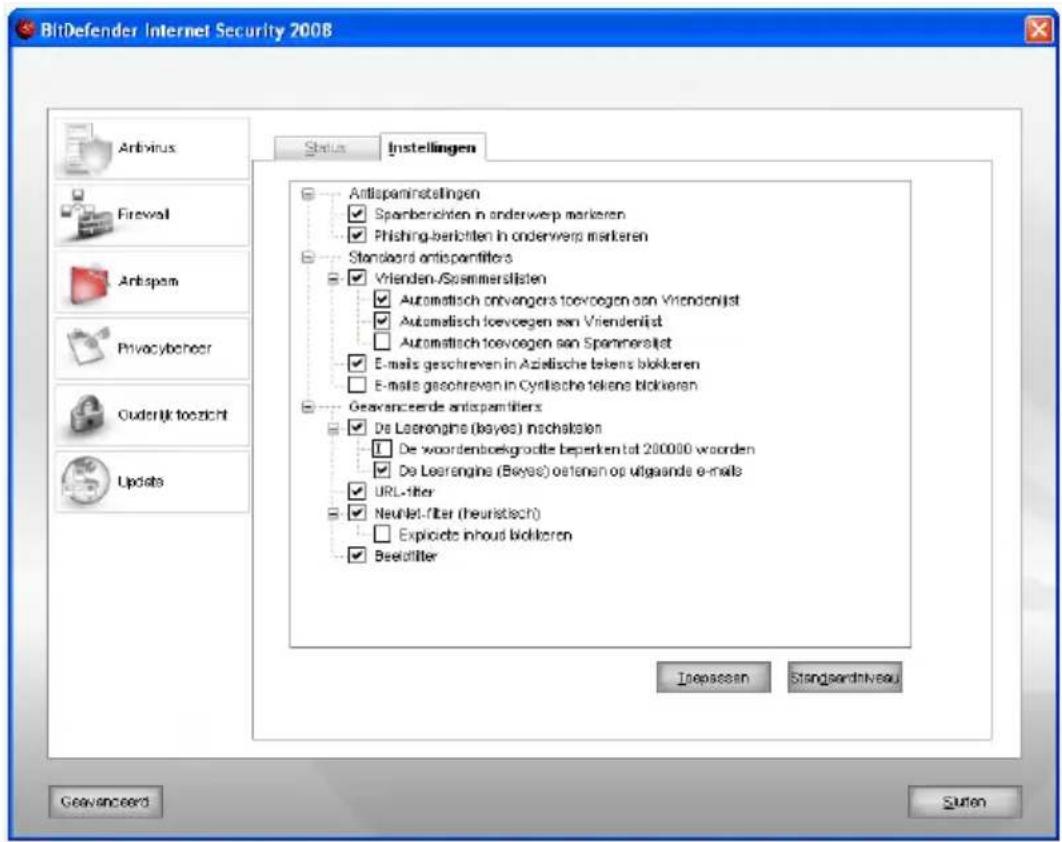 BitDefender Internet Security 2008 Status Instellingen Antispaminstellingen ✓ Spanberichten in onderwerp markeren ✓ Phishing-berichten in onderwerp markeren Standard antispamtiters ✓ Vrienden-/Spammerslijsten ✓ Automatisch ontvengers toevoegen aan Vriendenijst ✓ Automatisch toevoegen aan Vriendenijs…