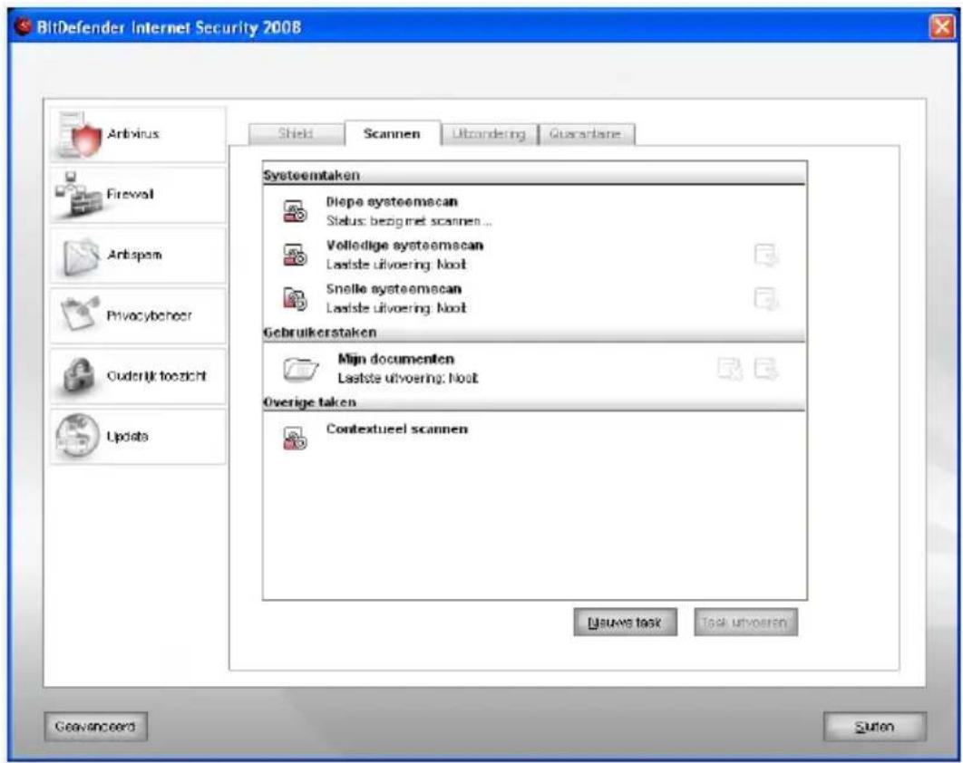 BitDefender Internet Security 2008 Arbivus Fireval Arbspem Privacybecheer Oudenlijk toezicht Updates Shield Scannen Ublondering Quarabare Systoemtaken Diepa systoemecan Status: bezgmet scannen... Volledige systoemecan Lastste ulvoering Noot Snelle systoemecan Lastste ulvoering Noot Gebruikerstaken M…