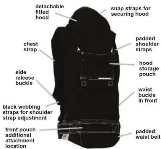 detachable fitted hood snap straps for securing hood padded shoulder straps hood storage pouch waist buckle in front black webbing straps for shoulder strap adjustment front pouch additional attachment location chest strap