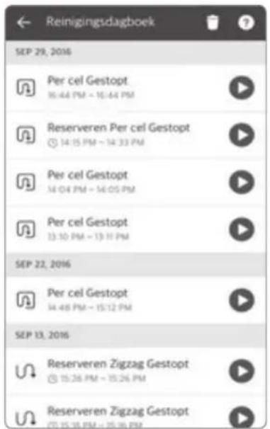 Reinigingsdagboek SEP 29, 2016 Per cel Gestopt 16:44 PM - 16:44 PM Reserveren Per cel Gestopt 14:15 PM - 14:33 PM Per cel Gestopt 14:04 PM - 14:05 PM Per cel Gestopt 13:10 PM - 13:11 PM SEP 22, 2016 Per cel Gestopt 14:48 PM - 15:12 PM SEP 13, 2016 Reserveren Zigzag Gestopt 15:26 PM - 15:26 PM Reserveren Zigzag Gestopt