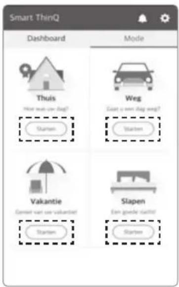 Smart ThinQ Dashboard Thuis How much don't do? Starten Weg Can't want do we want? Starten Vakantie Gewert van een valantier! Starten Slapen Een goede uitkurt! Starten