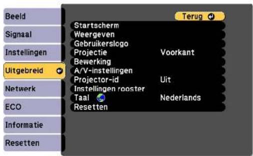 Beeld Signaal Instellingen Uitgebreid Netwerk ECO Informatie Resetten Startscherm Weergeven Gebruikerslogo Projectie Bewerking A/V-instellingen Projector-id Instellingen rooster Taal Resetten Terug Voorkant Uit Nederlands