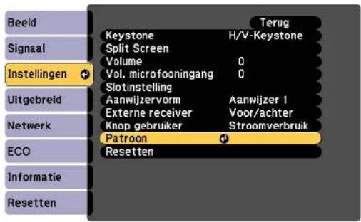 Beeld Signaal Instellingen Uitgebreid Netwerk ECO Informatie Resetten Keystone Split Screen Volume Vol. microfooningang Slotinstelling Aanwijzervorm Externe receiver Knop gebruiker Patroon Resetten H/V-Keystone 0 0 Aanwijzer 1 Voor/achter Stroomverbruik Terug