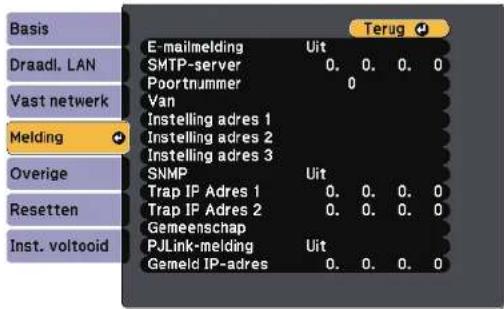 Basis Draadl. LAN Vast netwerk Melding Overige Resetten Inst. voltooid E-mailmelding SMTP-server Poortnummer Van Instelling adres 1 Instelling adres 2 Instelling adres 3 SNMP Trap IP Adres 1 Trap IP Adres 2 Gemeenschap PJLink-melding Gemeld IP-adres Uit 0. 0. 0. 0 0 0. 0. 0 Uit 0. 0. 0. 0 0. 0. 0. 0…
