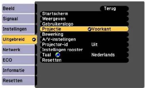 Beeld Signaal Instellingen Uitgebreid Netwerk ECO Informatie Resetten Startscherm Weergeven Gebruikerslogo Projectie Bewerking A/V-instellingen Projector-id Uit Instellingen rooster Taal Nederlands Resetten Terug