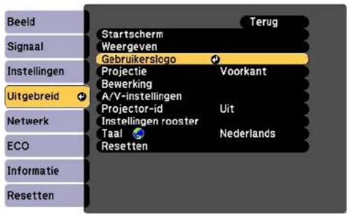Beeld Signaal Instellingen Uitgebreid Netwerk ECO Informatie Resetten Startscherm Weergeven Gebruikerslogo Projectie Bewerking A/V-instellingen Projector-id Instellingen rooster Taal Resetten Voorkant Uit Nederlands Terug