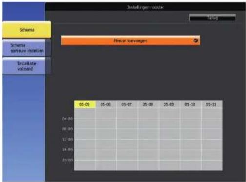 Instellingen rooster Tijd Schema Nieuw programma Schema Opname instellen Installatie Voorbeeld 05-05 05-06 05-07 01-08 05-09 05-10 05-11 04:00 08:00 12:00 14:00 20:00
