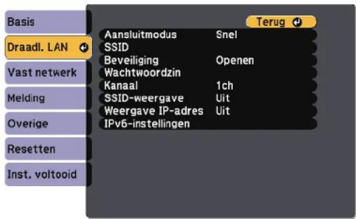 Basis Draadl. LAN Vast netwerk Melding Overige Resetten Inst. voltooid Terug Aansluitmodus Snel SSID Beveiliging Openen Wachtwoordzin Kanaal 1ch SSID-weergave Uit Weergave IP-adres Uit IPv6-instellingen