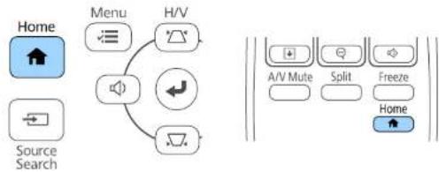 graph TD A["Home"] --> B["Menu"] B --> C["H/V"] D["Source Search"] --> B B --> E["Switch"] E --> F["←"] F --> G["←"] G --> H["→"] H --> I["→"] I --> J["A/V Mute"] I --> K["Split"] I --> L["Freeze"] I --> M["Home"]
