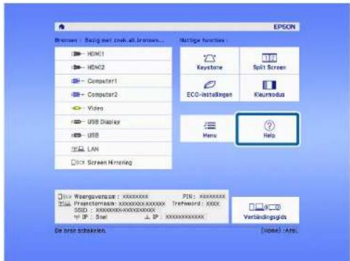 EPSON Browser : 123g net 2nd all browsers... HDMI1 HDMI2 Computer1 Computer2 Video USB Display USB LAN PC Screen Monitoring Nachtige functions : Keystone ECO-instellingen Menu Split Screen Kleumodus Help Icy Wängverser: xxxxxxxxx PIS: xxxxxxxxx Predictormate: xxxxxxxxx.xxxx Trefwoord: xxxxx SSD: xxx…