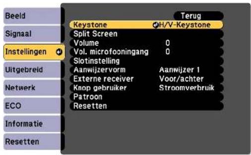 Beeld Signaal Instellingen Uitgebreid Netwerk ECO Informatie Resetten Keystone H/V-Keystone Split Screen Volume 0 Vol. microfooningang 0 Slotinstelling Aanwijzervorm Aanwijzer 1 Externe receiver Voor/achter Knop gebruiker Stroomverbruik Patroon Resetten Terug