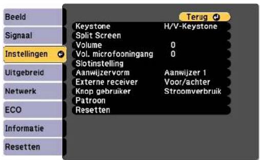 Beeld Signaal Instellingen Uitgebreid Netwerk ECO Informatie Resetten Keystone H/V-Keystone Split Screen Volume 0 Vol. microfooningang 0 Slotinstelling Aanwijzervorm Aanwijzer 1 Externe receiver Voor/achter Knop gebruiker Stroomverbruik Patroon Resetten