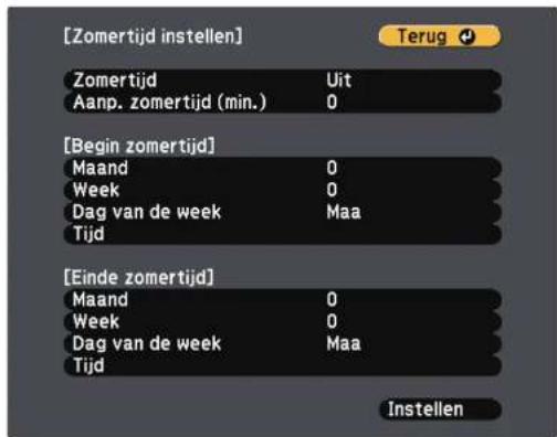 [Zomertijd instellen] Zomertijd Uit Aanp. zomertijd (min.) 0 [Begin zomertijd] Maand 0 Week 0 Dag van de week Maa Tijd [Einde zomertijd] Maand 0 Week 0 Dag van de week Maa Tijd Instellen