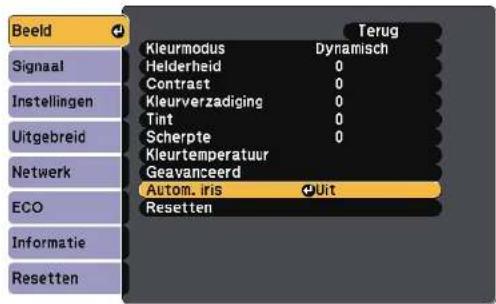 Beeld Signaal Instellingen Uitgebreid Netwerk ECO Informatie Resetten Kleurmodus Helderheid Contrast Kleurverzadiging Tint Scherpte Kleurtemperatuur Geavanceerd Autom. iris Resetten Terug Dynamisch 0 0 0 0 0 Uit