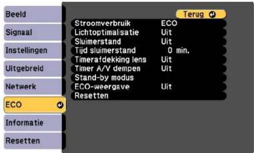 Beeld Signaal Instellingen Uitgebreid Netwerk ECO Informatie Resetten Stroomverbruik ECO Lichtoptimalisatie Uit Sluimerstand Uit Tijd sluimerstand 0 min. Timerafdekking lens Uit Timer A/V dempen Uit Stand-by modus ECO-weergave Uit Resetten Terug