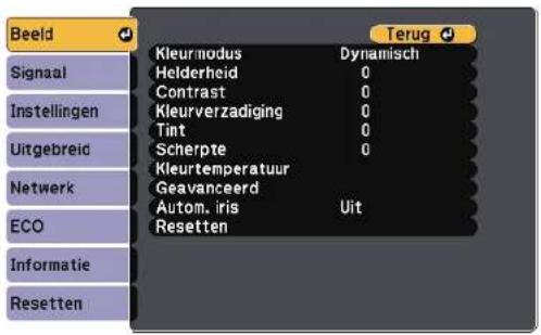 Beeld Signaal Instellingen Uitgebreid Netwerk ECO Informatie Resetten Kleurmodus Dynamisch Helderheid 0 Contrast 0 Kleurverzadiging 0 Tint 0 Scherpte 0 Kleurtemperatuur Geavanceerd Autom. iris Uit Resetten Terug