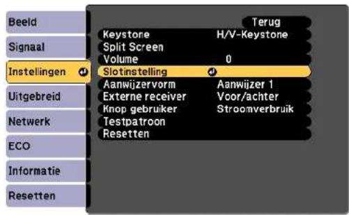 Beeld Signaal Instellingen Uitgebreid Netwerk ECO Informatie Resetten Keystone Split Screen Volume Slotinstelling Aanwijzervorm Externe receiver Knop gebruiker Testpatroon Resetten H/V-Keystone: 0 Aanwijzer 1 Voor/achter Stroomverbruik Terug
