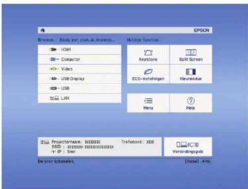 EPSON Broton: Body net clock, all broton... HDMI Computer Video USB Display USB LAN Mette functions Keystone Soft Screen ECO-instellingen Neurostatus Menu Help Projectornaxi: 0010000 Trafword: 000 SSID: 00000-0000000000 IP: Sistel Verbindungsatz De best schedules. [Note] - Anl.