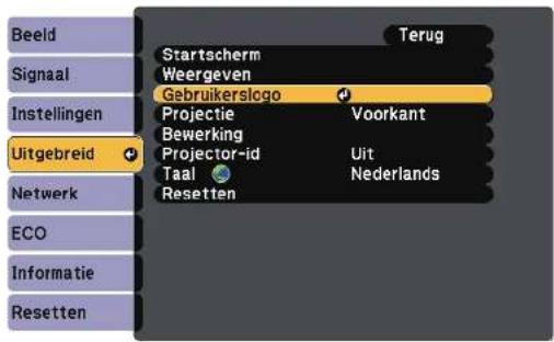 Beeld Signaal Instellingen Uitgebreid Netwerk ECO Informatie Resetten Startscherm Weergeven Gebruikerslogo Projectie Bewerking Projector-id Taal Resetten Voorkant Uit Nederlands Terug