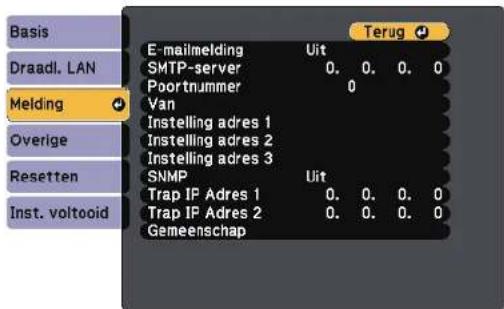 Basis Draadloos LAN Melding Overige Resetten Inst. voltooid E-mailmelding SMTP-server Poortnummer Van Instelling adres 1 Instelling adres 2 Instelling adres 3 SNMP Trap IP Adres 1 Trap IP Adres 2 Gemeenschap Uit 0.0.0.0 0 0.0.0.0 Terug