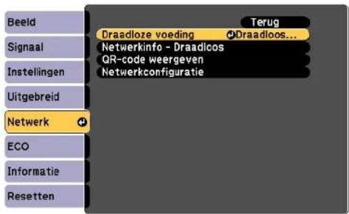 Beeld, Signaal, Instellingen, Uitgebreid, Netwerk, ECO, Informatie, Resetten, Terug, Draadloze voeding, Draadloos..., Netwerkinfo - Draadloos, QR-code weergeven, Netwerkconfiguratie