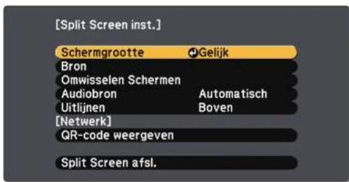 [Split Screen inst.] Schermgrootte Gelijk Bron Omwisselen Schermen Audiobron Automatisch Uitlijnen Boven [Netwerk] QR-code weergeven Split Screen afsl.