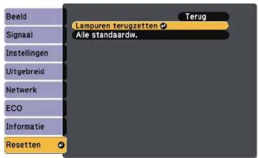 Beeld Signaal Instellingen Uitgebreid Netwerk ECO Informatie Resetten Lampuren terugzetten ⚪ Alle standaardwaarden Terug