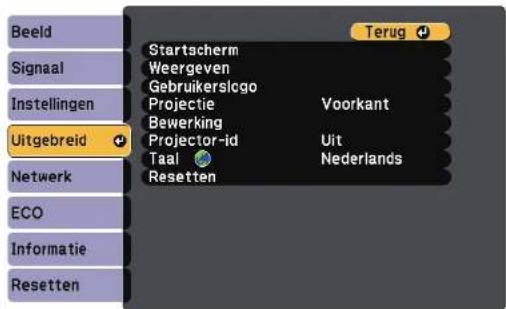 Beeld Signaal Instellingen Uitgebreid Netwerk ECO Informatie Resetten Startschem Weergeven Gebruikerslogo Projectie Bewerking Projector-id Taal Resetten Voorkant Uit Nederlands Terug