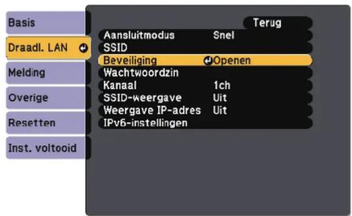 Basis, Draadl. LAN, Melding, Overige, Resetten, Inst. voltooid, Terug, Aansluitmodus Snel, SSID, Beveiliging Openen, Wachtwoordzin, Kanaal 1ch, SSID-weergave Uit, Weergave IP-adres Uit, IPv6-instellingen