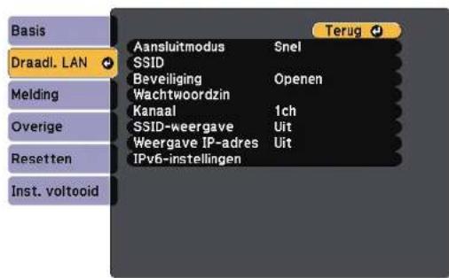 Basis Draadloos LAN Melding Overige Resetten Inst. voltooid Terug Aansluitmodus Snel SSID Beveiliging Openen Wachtwoordzin Kanaal 1ch SSID-weergave Uit Weergave IP-adres Uit IPv6-instellingen