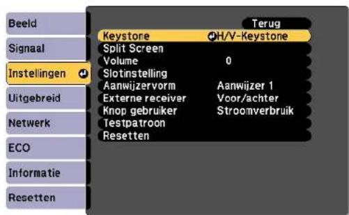 Beeld Signaal Instellingen Uitgebreid Netwerk ECO Informatie Resetten Keystone Splitscherm Volume Slotinstelling Aanwijzervorm Externe ontvanger Knop gebruiker Testpatroon Resetten H/V-Keystone 0 Aanwijzer 1 Voor/achter Stroomverbruik Terug