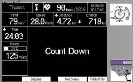 Thomas 90 bpm 53% 18.09.05 10:17:46 RPM 79 min⁻¹ Speed 28.0 km/h Distance 4.72 km Energy 718 kJ ↓ Time 24:03 Power 21% 125 Watt Count Down Display Recovery P=Fix/Var