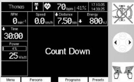 Thomas m 70 bpm | 41% 17:10:05 14:39:25 RFM 0 min⁻¹ Speed 0.0 km/h Distance 7.50 km Energy 800 kJ ↓ Time 30:00 Power 4% 25 Watt Count Down Menu Persons Programs Presets