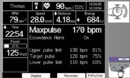Thomas 90 bpm 53% 18:09:05 10:18:54 RPM 79 min⁻¹ Speed ↓ Distance Energy 28.0 km/h 4.18 km + 684 kJ ↓ Time 22:54 Maxpulse 170 bpm Exceedance Alarm On Power 21% 125 Watt Upper pulse limit 138 bpm 81% Target pulse 128 bpm 75% Lower pulse limit 118 bpm 69% Display Recovery P=Fix/Var