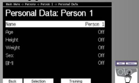 Main Menu → Persons → Person 1 → Personal Data Personal Data: Person 1 Name Person 1 Age Off Height Off Weight Off Sex Off BMI Off Back Selection Training
