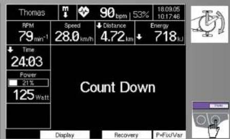 Thomas m 90 bpm 53% 18:09:05 10:17:46 RPM 79 min⁻¹ Speed ↓ Distance ↓ Energy 28.0 km/h 4.72 km 718 kJ Time 24:03 Power 21% 125 Watt Count Down Display Recovery P=Fix/Var