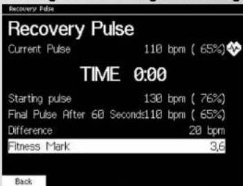 Recovery Pulse Current Pulse 110 bpm ( 65%) TIME 0:00 Starting pulse 130 bpm ( 76%) Final Pulse After 60 Seconds110 bpm ( 65%) Difference 20 bpm Fitness Mark 3.6 Back