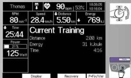 Thomas m 90 bpm 53% 18:09:05 10:16:04 RPM 80 min⁻¹ Speed 28.4 km/h Distance 5.50 km Energy 769 kJ ↓ Time 25:44 Current Training Distance 2.00 km Power 21% Energy 31 kJoule Time 4:16 125 Watt Display Recovery P=Fix/Var