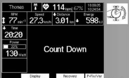 Thomas ↑ 77 min⁻¹ ↓ Time 20:20 Power 22% 130 Watt 114 bpm 67% 18.09.05 10:24:54 Speed 27.3 km/h ↓ Distance 3.01 km Energy 598 kJ Count Down Display Recovery P+Fix/Var
