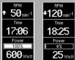 RPM ↑50 min⁻¹ Time 17:06 Power 100% 600 Watt RPM ↓120 min⁻¹ Time 18:25 Power 4% 25 Watt