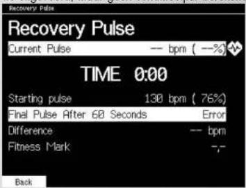 Recovery Pulse Current Pulse -- bpm ( —%) TIME 0:00 Starting pulse 130 bpm ( 76%) Final Pulse After 60 Seconds Error Difference -- bpm Fitness Mark -,- Back