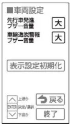 ■車両設定 先行車発進 ブザー音量 車線逸脱警報 ブザー音量 大 大 表示設定初期化 上通り DNTR 決定/選択 下通り 戻る 終了