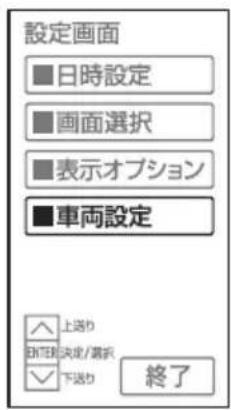 設定画面 ■日時設定 ■画面選択 ■表示オプション ■車両設定 ▲上送り ▼下送り 終了