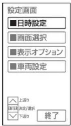 設定画面 ■日時設定 ■画面選択 ■表示オプション ■車両設定 ▲上送り ▼下送り ○決定/着択 終了